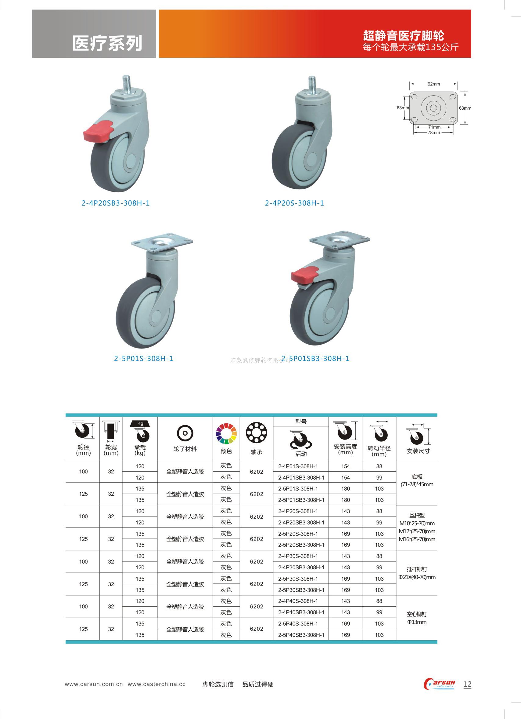 凯信脚轮医疗脚轮TPR静音脚轮带刹车医院设备仪器手推车专用塑料万向脚轮