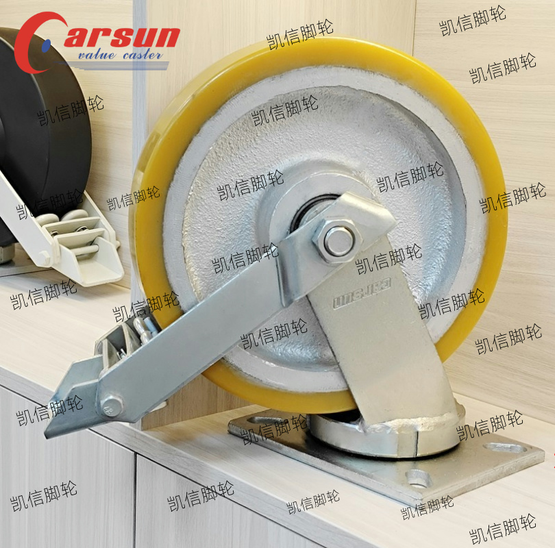 超重型工业脚轮10寸抗冲击铁芯聚氨酯万向轮带胎面刹,脚轮厂家,凯信脚轮