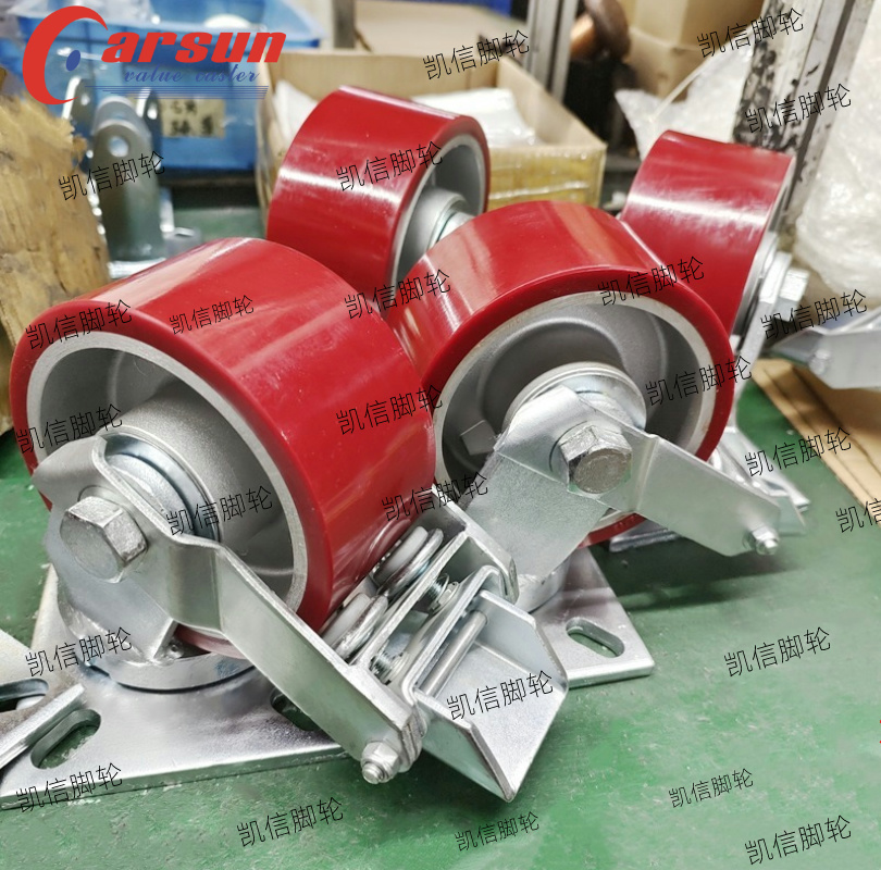 超重型工业脚轮7系列抗冲击6寸/8寸/10寸/12寸铝芯聚氨酯PU万向轮带胎面刹,脚轮厂家,凯信脚轮