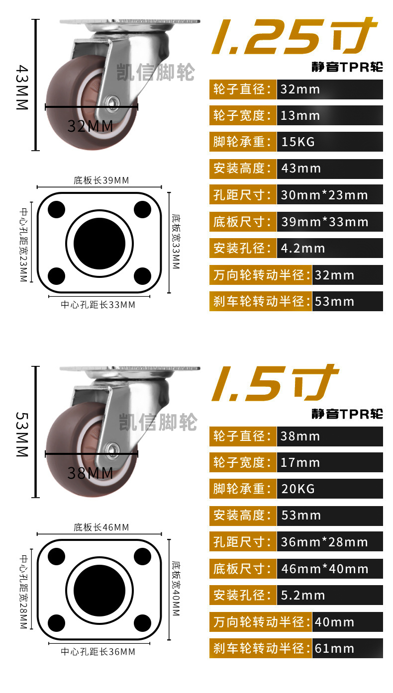 轻型TPR静音万向脚轮,凯信脚轮,脚轮厂家
