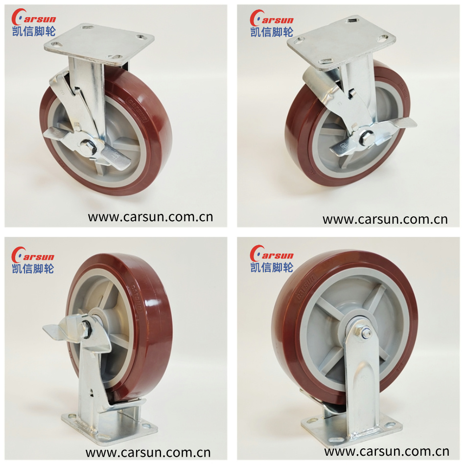 重型工业脚轮8寸聚氨酯PU固定轮定向脚轮带刹车,凯信万向轮厂家